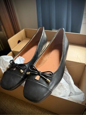 Vionic Klara- Black Bow-Trim Square-Toe Ballet Flats